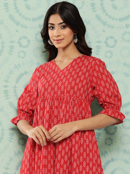 Women's Ethnic Motifs Printed Red Cotton Dress