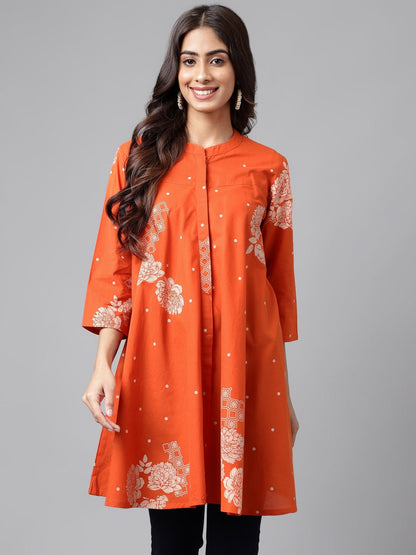 Women's Floral Printed Orange Cotton Tunics