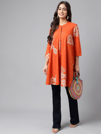 Women's Floral Printed Orange Cotton Tunics