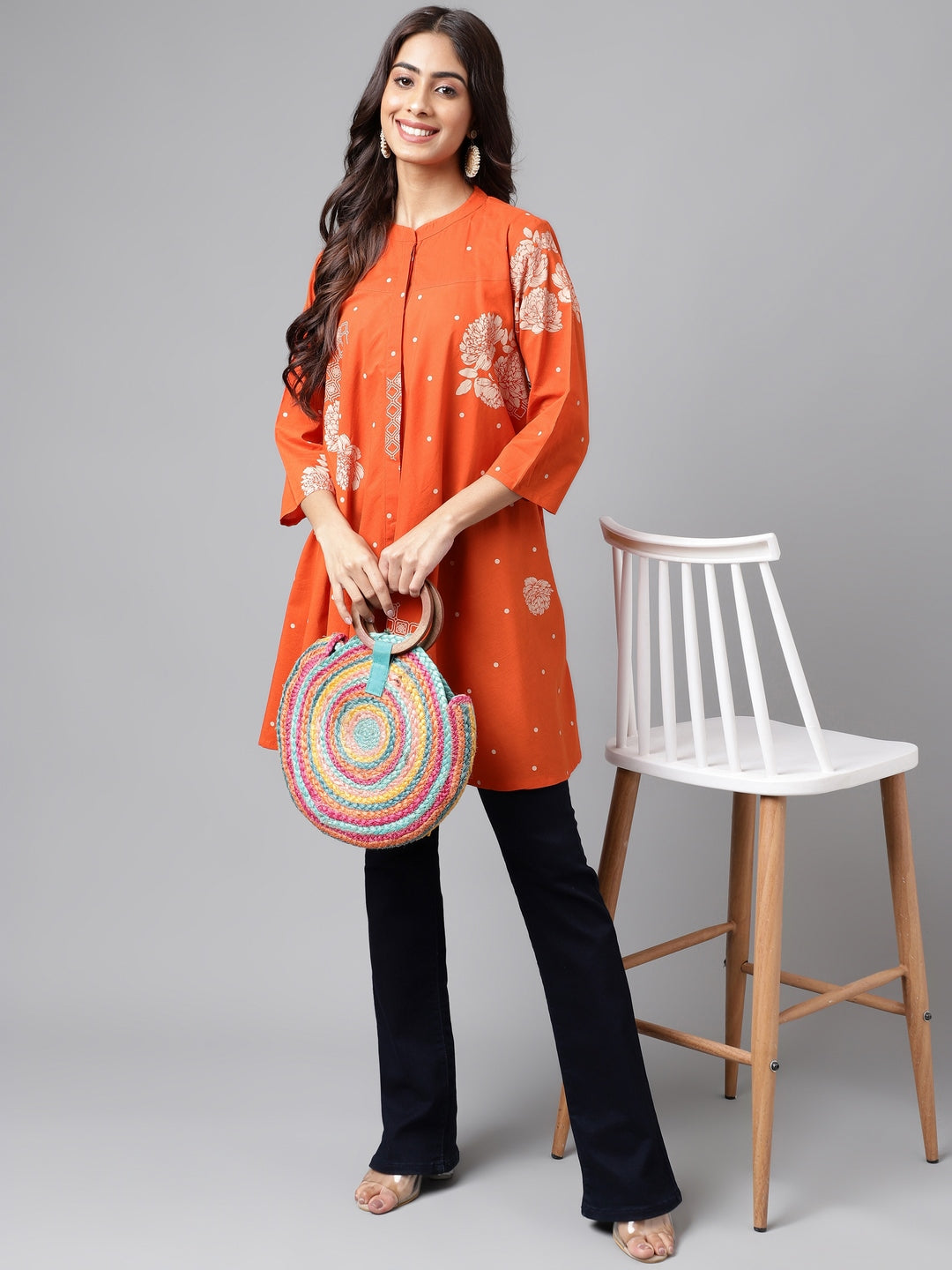 Women's Floral Printed Orange Cotton Tunics
