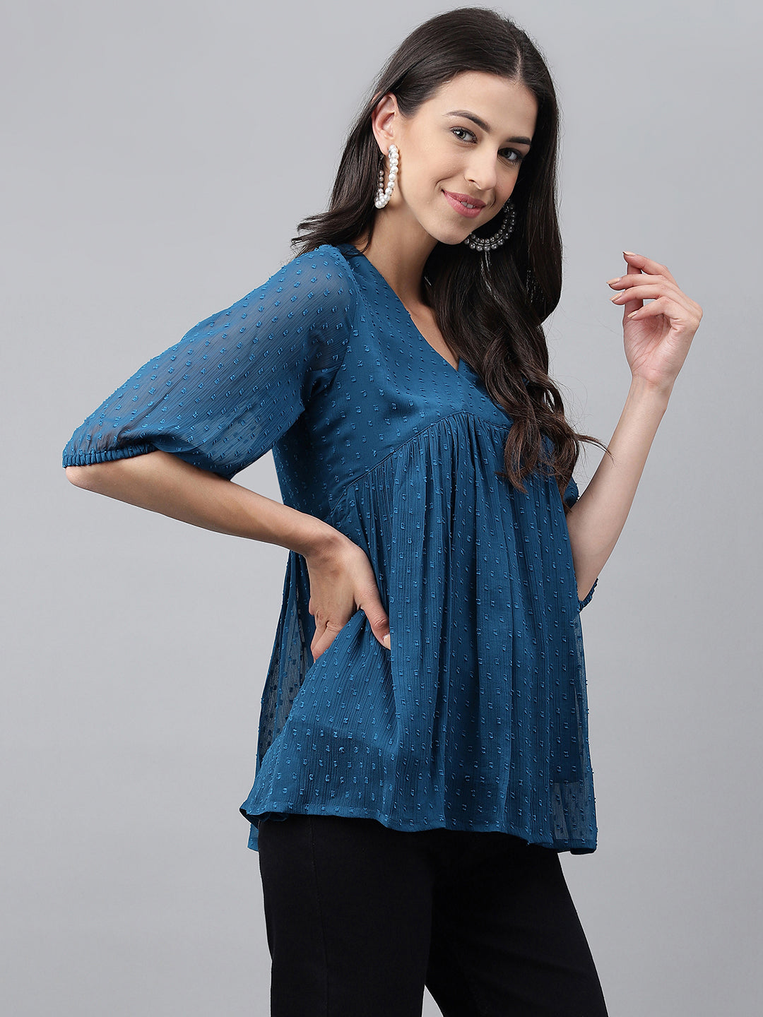 Women's Solid Teal Blue Dobby Chiffon Tops