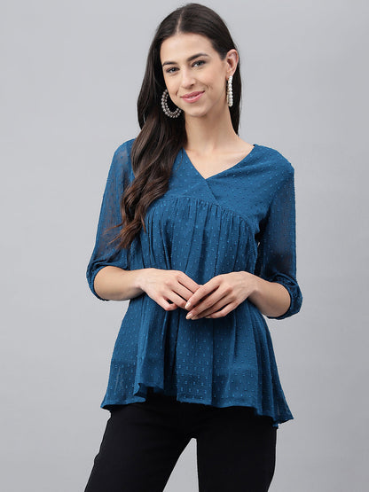 Women's Solid Teal Blue Dobby Chiffon Tops