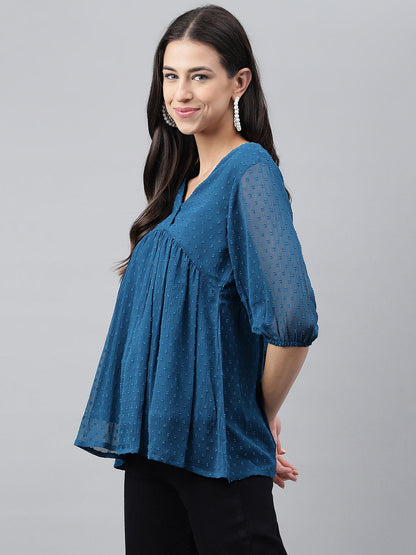 Women's Solid Teal Blue Dobby Chiffon Tops
