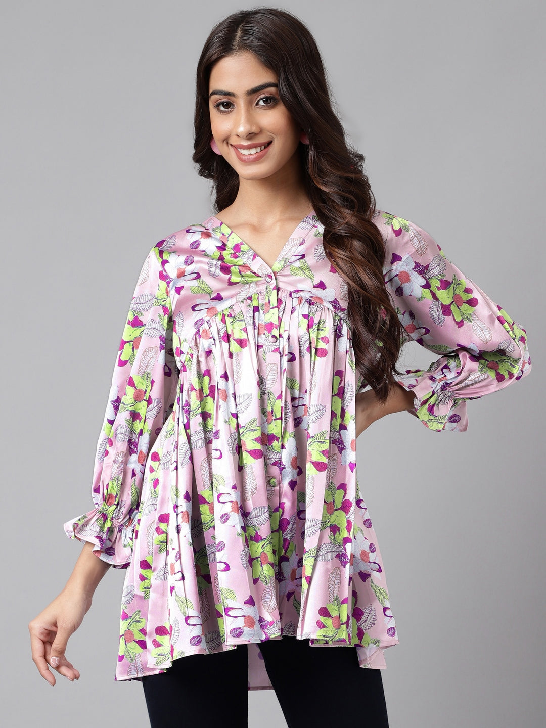 Women's Digital Floral Printed Lavender Satin Tops