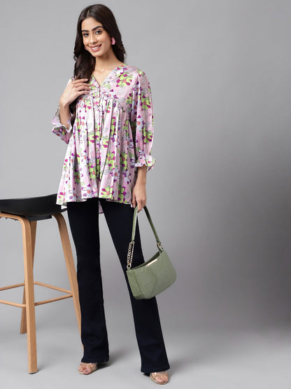 Women's Digital Floral Printed Lavender Satin Tops