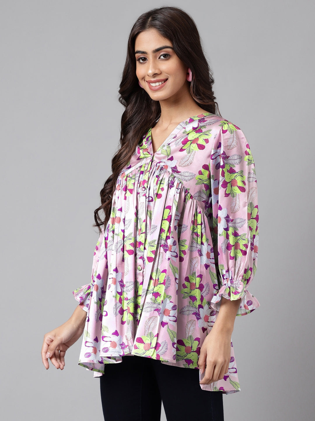 Women's Digital Floral Printed Lavender Satin Tops