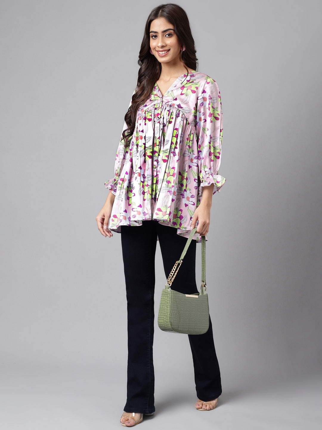 Women's Digital Floral Printed Lavender Satin Tops