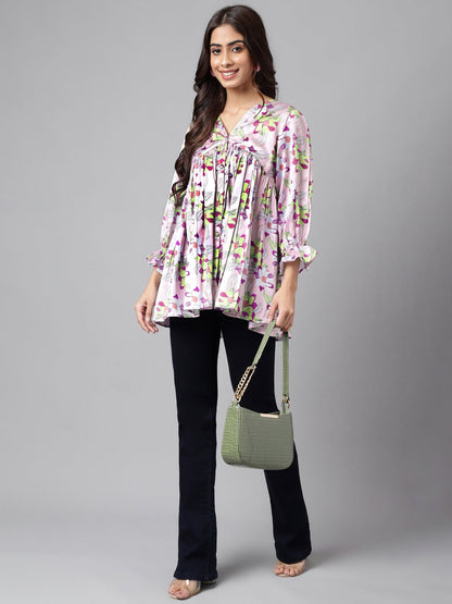 Women's Digital Floral Printed Lavender Satin Tops