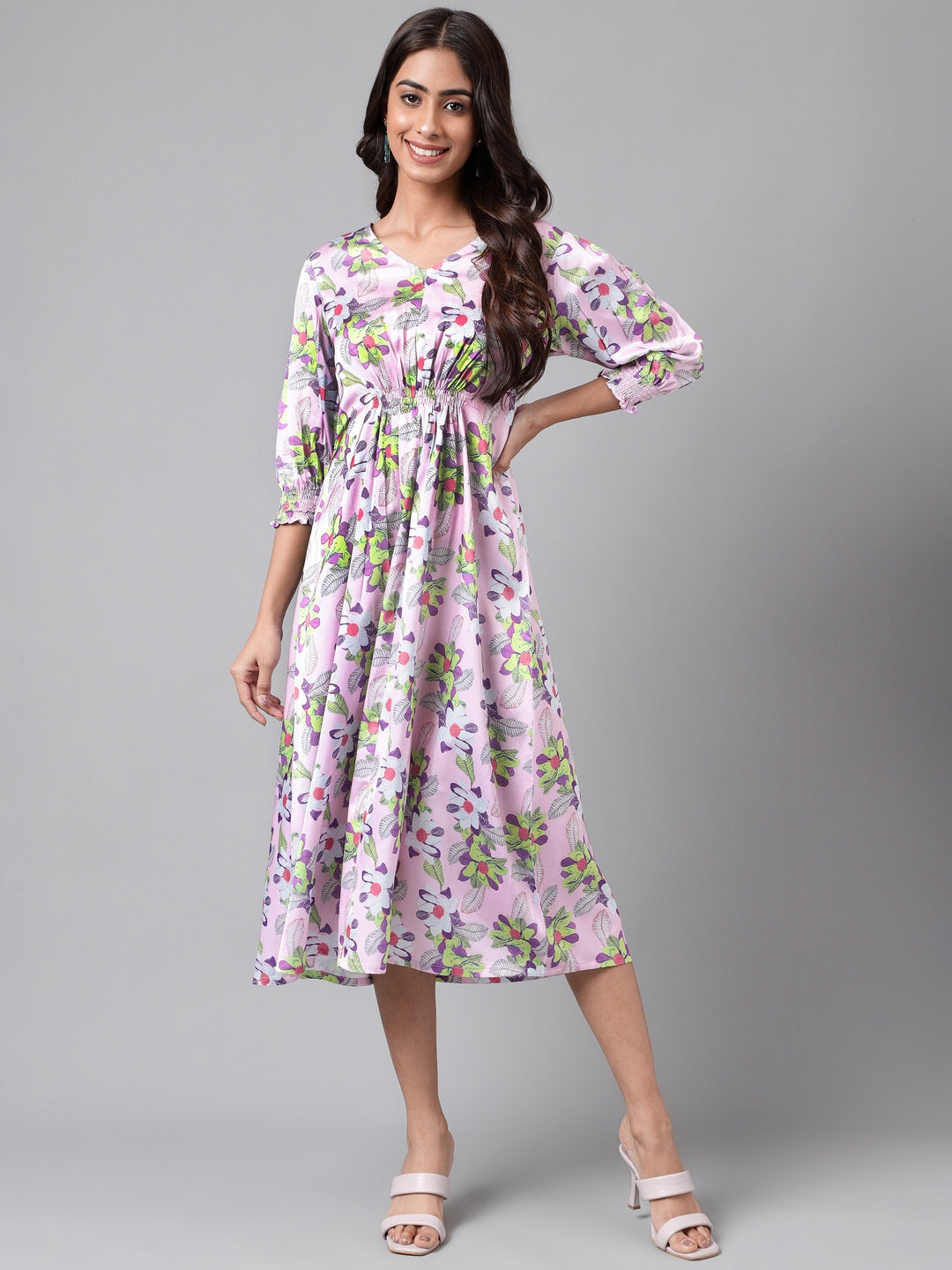 Women's Digital Floral Printed Lavender Satin Dress