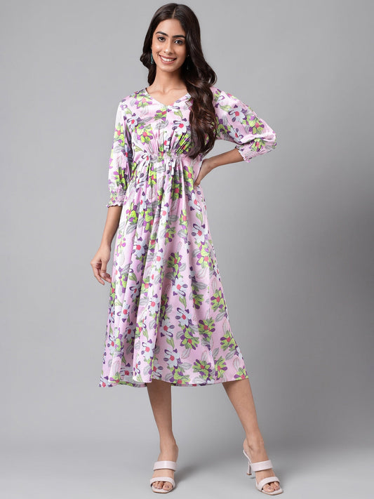 Women's Digital Floral Printed Lavender Satin Dress