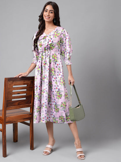 Women's Digital Floral Printed Lavender Satin Dress