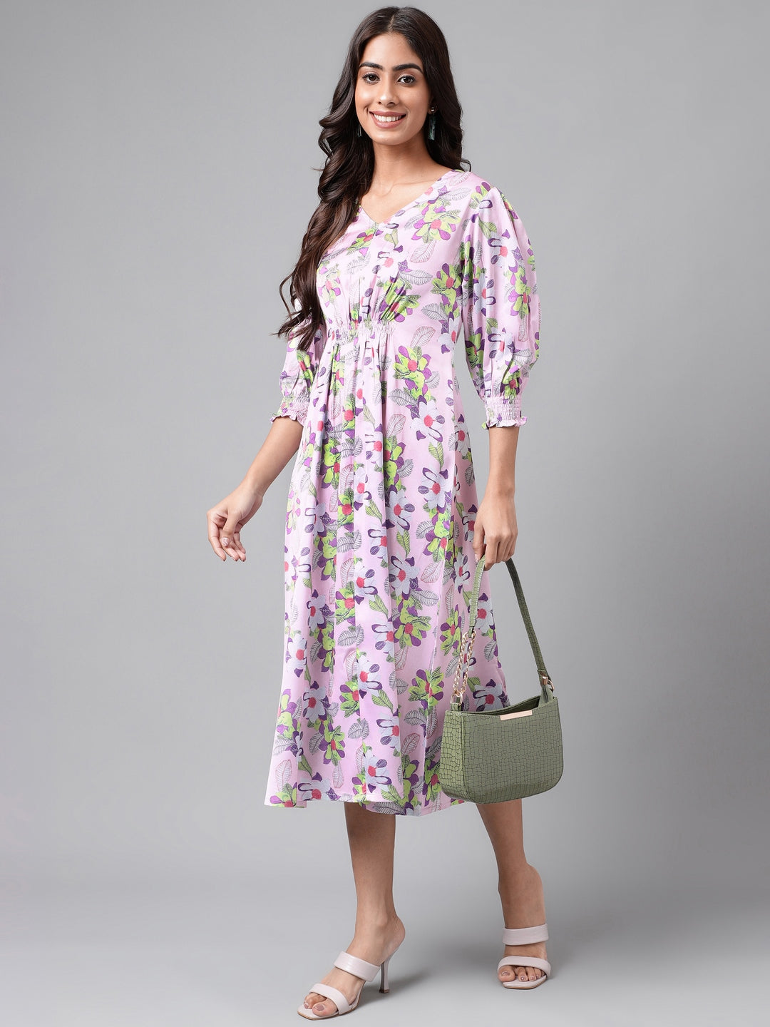 Women's Digital Floral Printed Lavender Satin Dress