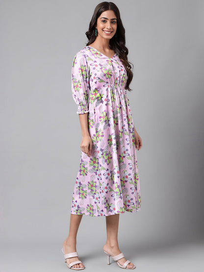 Women's Digital Floral Printed Lavender Satin Dress