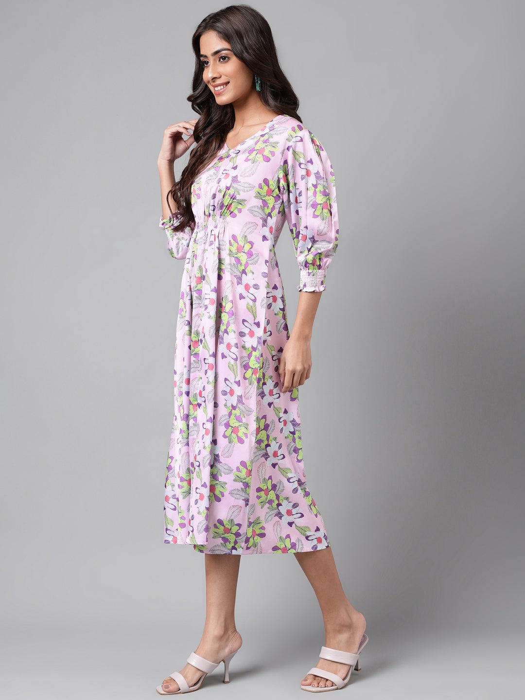 Women's Digital Floral Printed Lavender Satin Dress