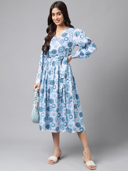 Women's Digital Floral Printed Grey Satin Dress