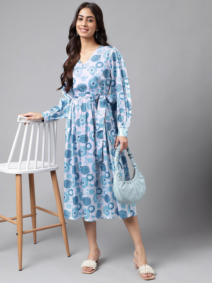 Women's Digital Floral Printed Grey Satin Dress