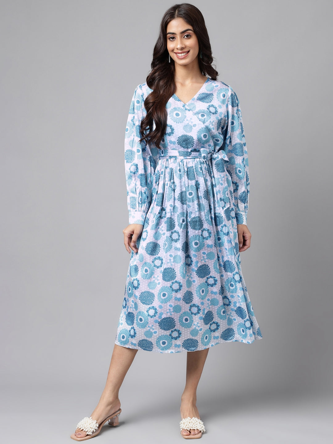 Women's Digital Floral Printed Grey Satin Dress