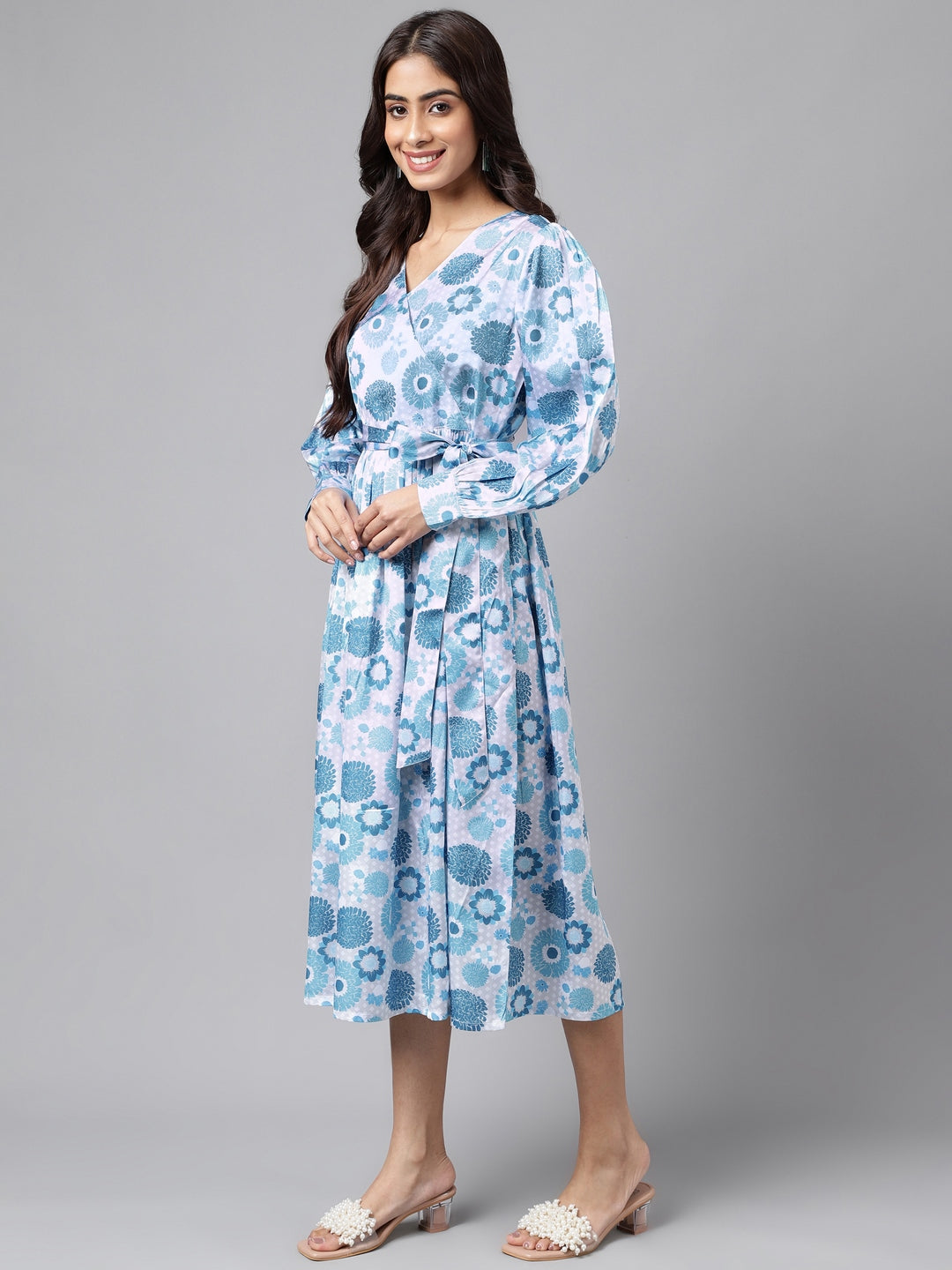 Women's Digital Floral Printed Grey Satin Dress