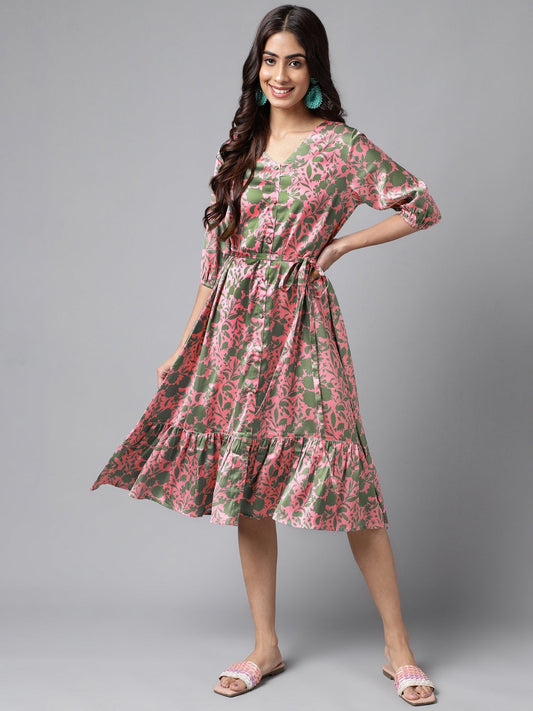 Women's Digital Floral Printed Pink Satin Dress