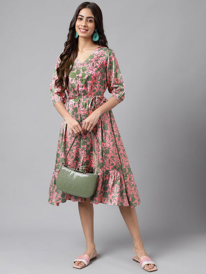 Women's Digital Floral Printed Pink Satin Dress