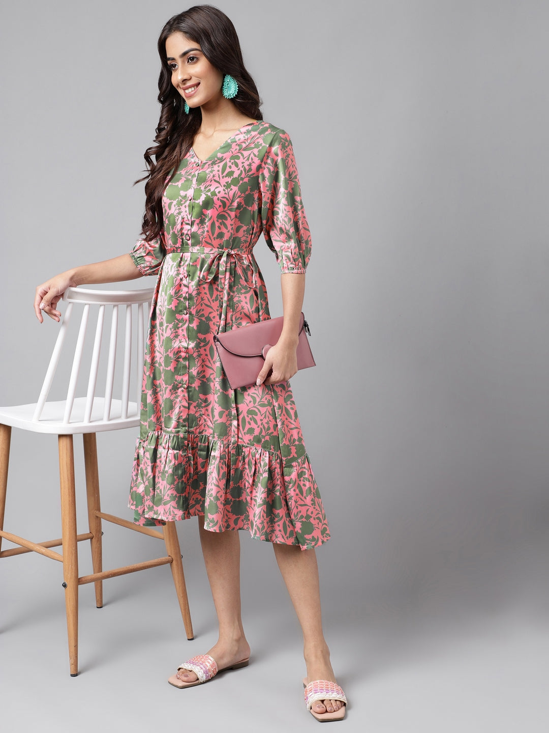 Women's Digital Floral Printed Pink Satin Dress