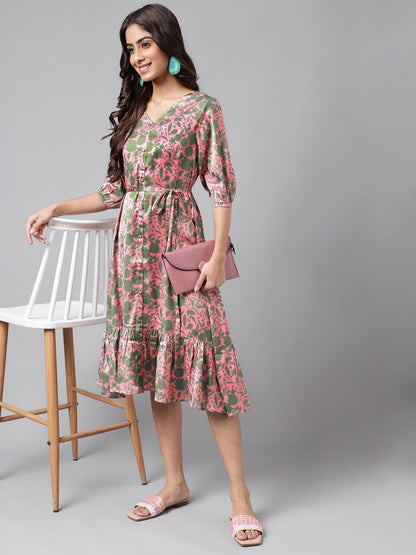 Women's Digital Floral Printed Pink Satin Dress