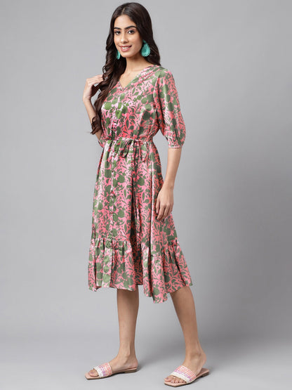 Women's Digital Floral Printed Pink Satin Dress