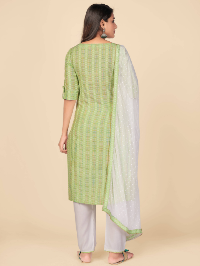 Women's Printed & Hand Work Straight Cotton Parrot Green Kurta Pant With Dupatta (3Pcs Set)