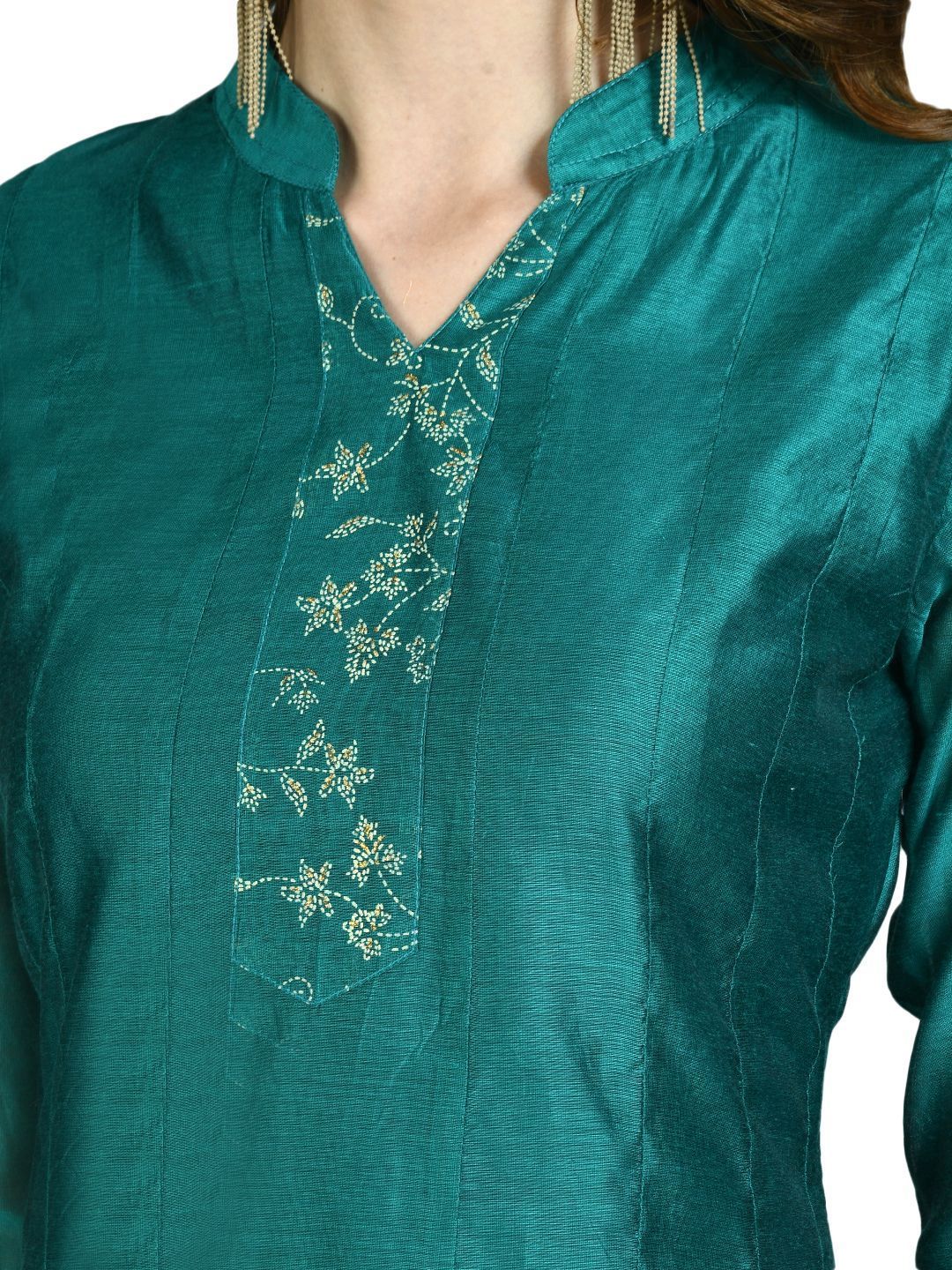 Women's Green Chanderi Silk Solid 3/4 Sleeve Mandarin Neck Casual Anarkali Kurta Dupatta Set
