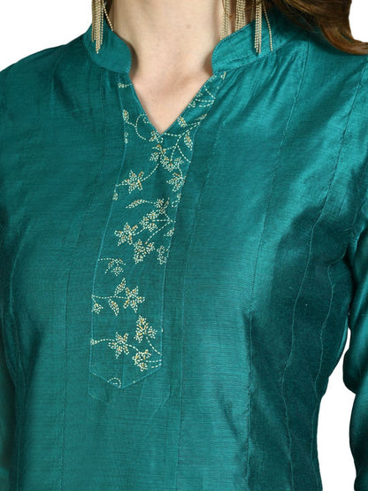Women's Green Chanderi Silk Solid 3/4 Sleeve Mandarin Neck Casual Anarkali Kurta Dupatta Set