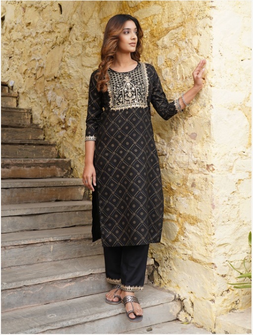 Women's Black Viscose Rayon Kurta Set