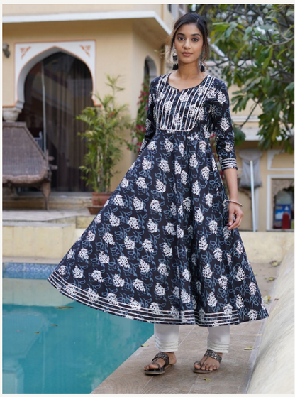 Women's Black Cotton Kurta Set