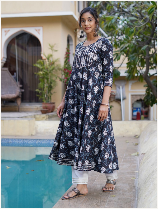 Women's Black Cotton Kurta Set