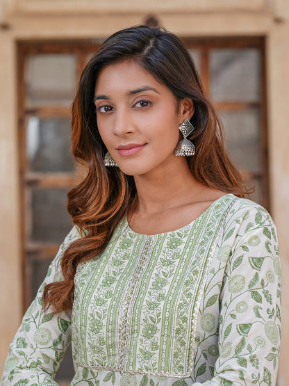 Women's White And Green Cotton Kurta