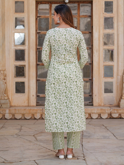 Women's White And Green Cotton Kurta