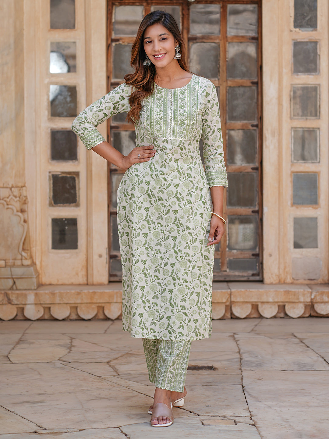 Women's White And Green Cotton Kurta