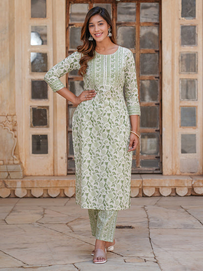 Women's White And Green Cotton Kurta