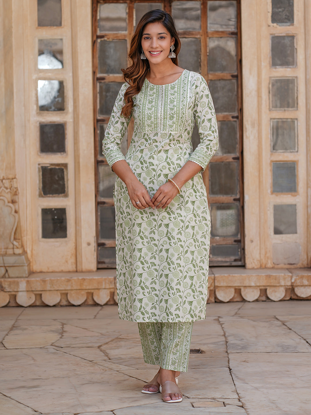 Women's White And Green Cotton Kurta