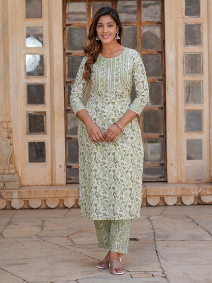 Women's White And Green Cotton Kurta