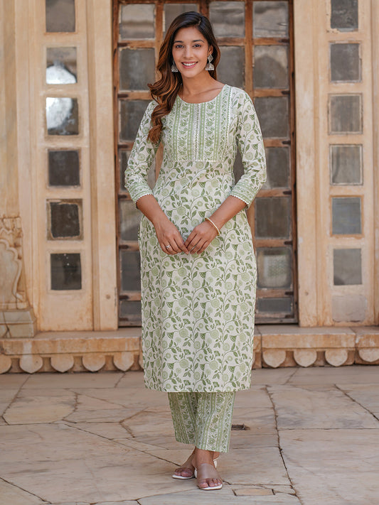 Women's White And Green Cotton Kurta