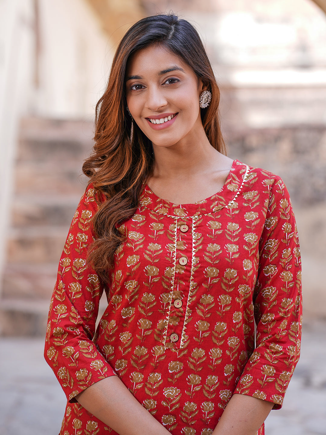 Women's Red Cotton Kurta