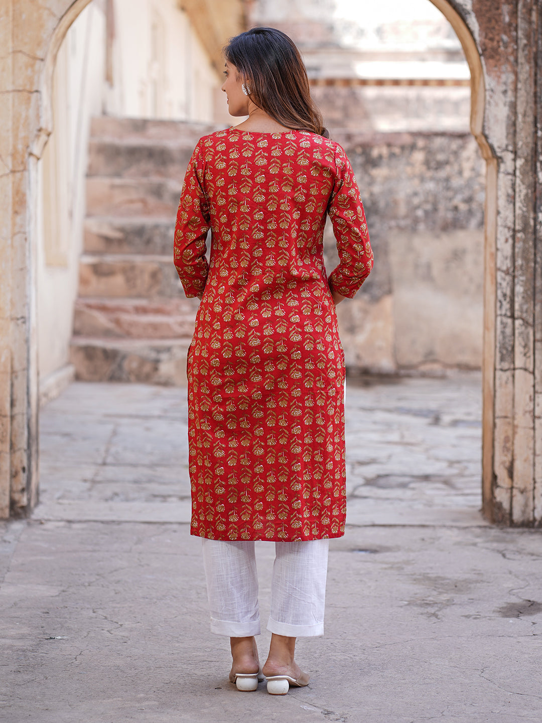 Women's Red Cotton Kurta