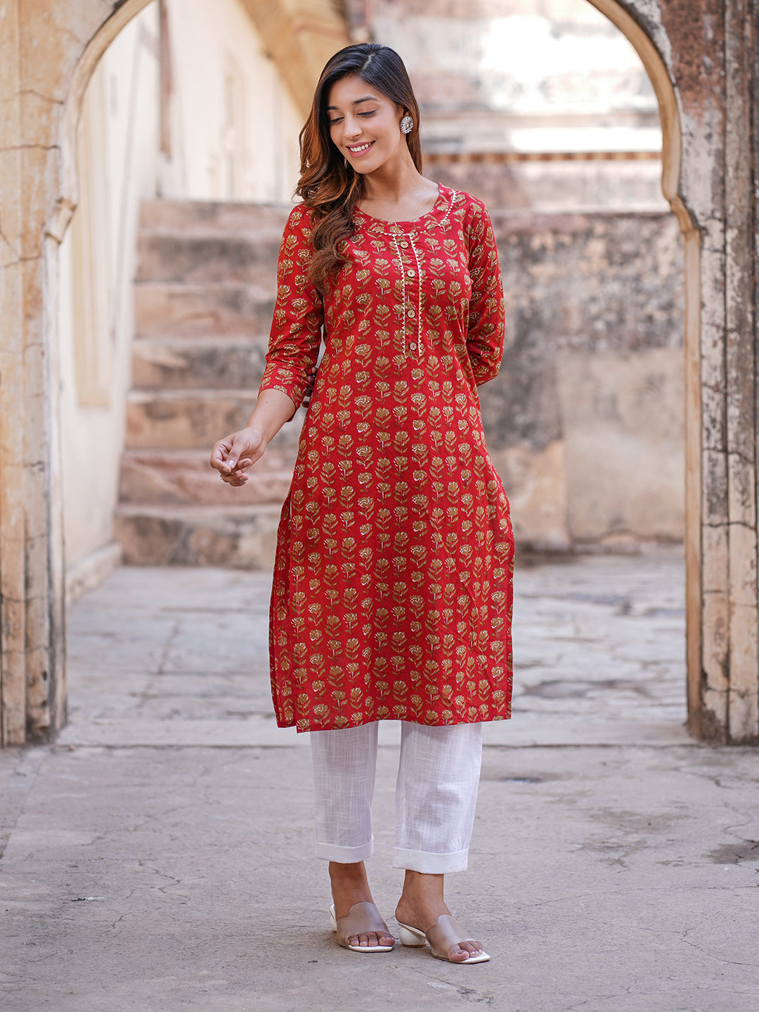 Women's Red Cotton Kurta