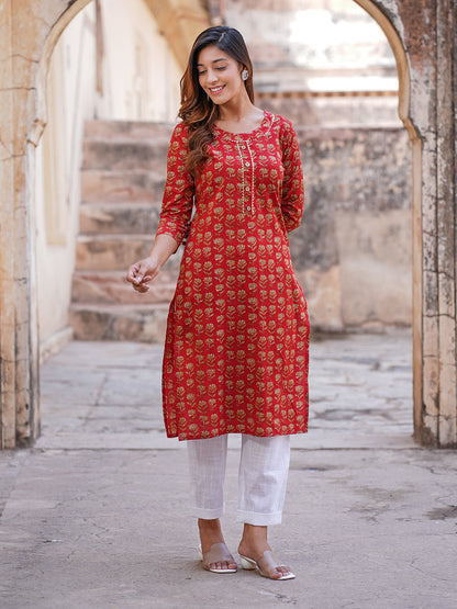 Women's Red Cotton Kurta