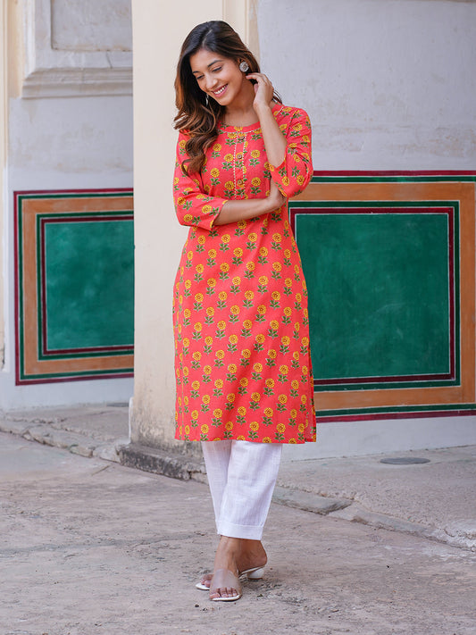 Women's Pink Cotton Kurta