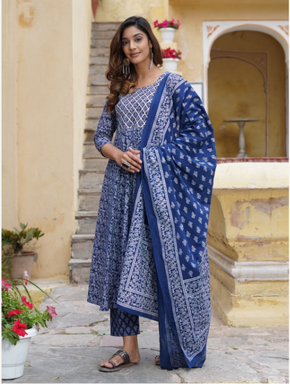 Women's Blue Cotton Kurta Set