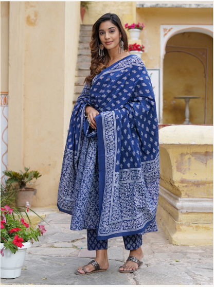Women's Blue Cotton Kurta Set