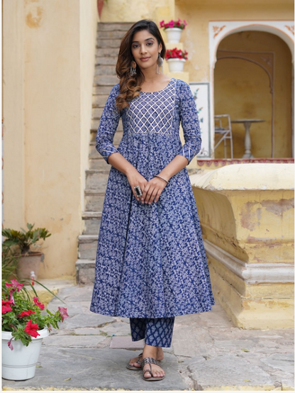 Women's Blue Cotton Kurta Set