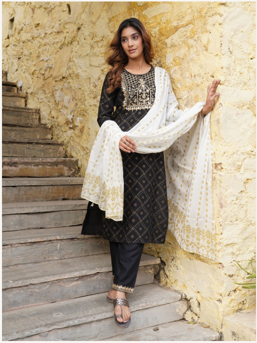 Women's Black Viscose Rayon Kurta Set