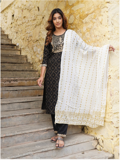 Women's Black Viscose Rayon Kurta Set